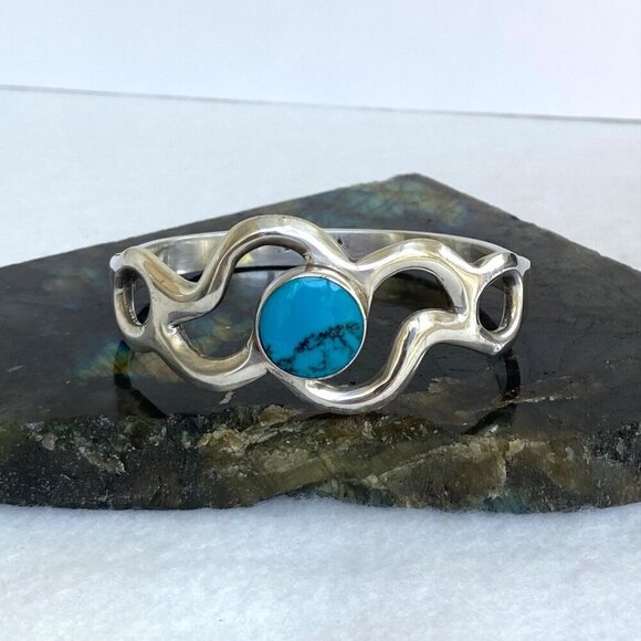 Taxco Sterling Silver Mexico Sandcast Turquoise Modernist Hinged Bangle Bracelet - Picture 3 of 16